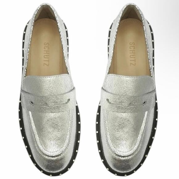 SCHUTZ Christie Studs Crackled Leather Loafers Silver EUC women’s Size 7.5 - Picture 2 of 9